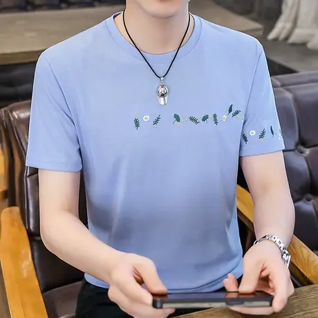 休闲夏季新款潮牌个性纯棉刺绣短袖T恤男士韩版宽松潮流打底衫ins商品大图