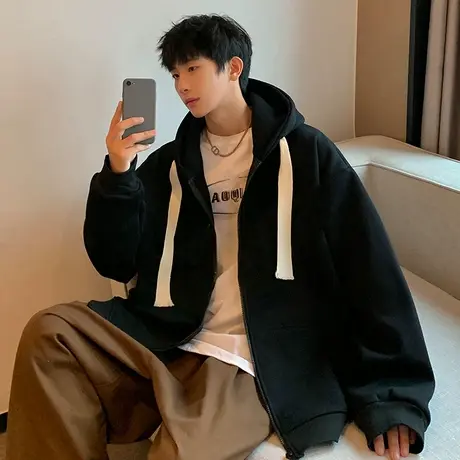 连帽复古卫衣男春秋新款高级感潮牌宽松外套ins潮流纯色港风开衫商品大图