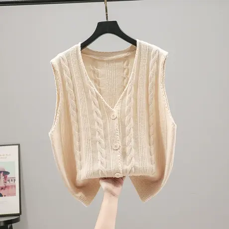 2023春秋新款韩版宽松V领针织衫无袖纽扣开衫外套女士百搭毛衣女商品大图
