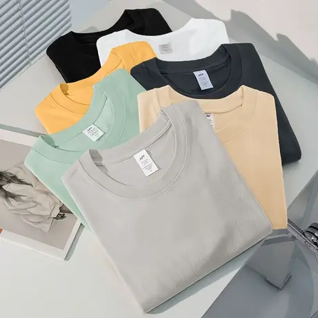 重磅纯棉t恤短袖男女宽松圆领上衣服潮流夏季纯色全棉半袖体恤衫商品大图