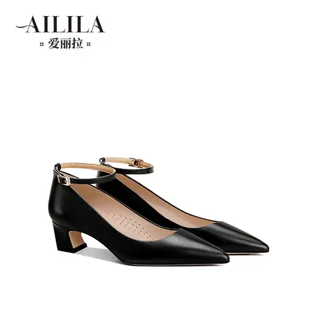 爱丽拉黑色真皮粗跟高跟鞋女2024新款职业一字带气质尖头简约单鞋图片