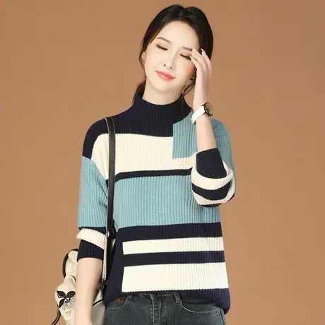 韩潮袭人半高领条纹撞色打底毛衣女2023冬新款休闲百搭针织衫上衣商品大图