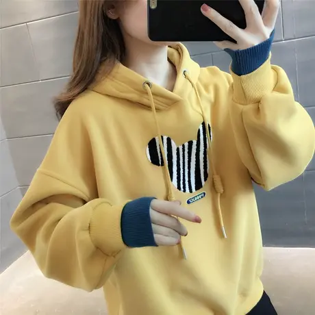 秋冬新款连帽卫衣加绒加厚宽松韩版上衣外衣拼色个性小个子洋气秋商品大图