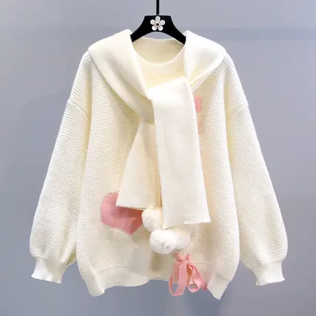 日系慵懒风软糯毛衣女秋冬2023年新款宽松设计感加厚送围巾针织衫商品大图