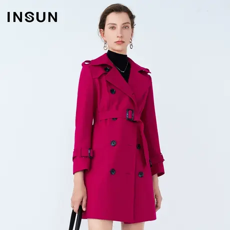 恩裳奥莱春季OL双排扣收腰带玫红色中长款风衣外套图片