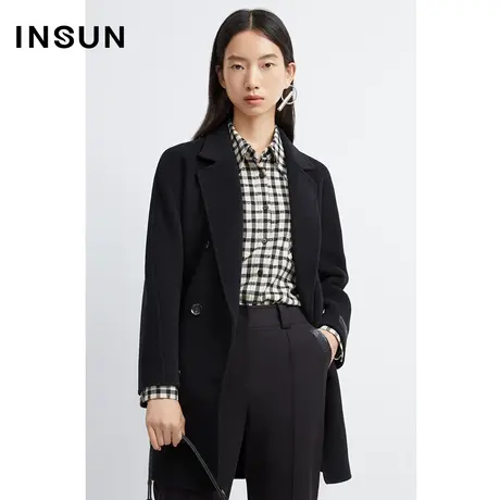 INSUN恩裳冬季黑色100%羊毛毛呢外套商品大图