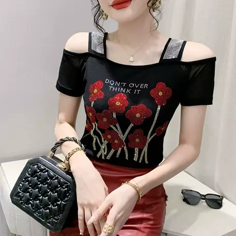 性感一字领女装洋气露肩T恤短袖时尚网纱修身上衣百搭烫钻小衫ins图片