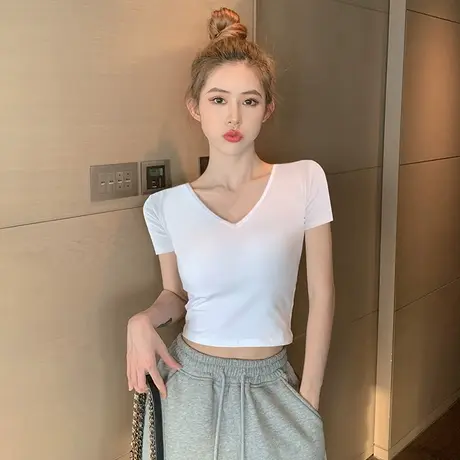 纯棉短袖t恤女2023年夏季新款小个子高腰露脐短款辣妹纯欲上衣潮商品大图