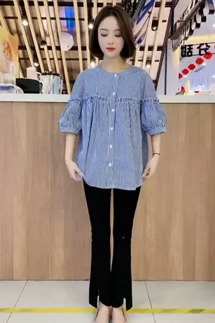 灯笼袖短袖单排扣圆领衬衫女褶皱设计感甜美减龄衬衣2023春秋夏潮商品大图