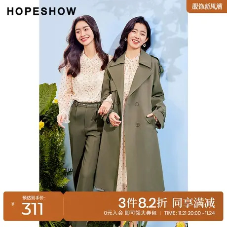 红袖outlets双排扣插肩袖翻领外套hopeshow2022春新款长款薄风衣商品大图