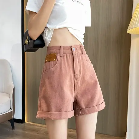 脏粉色卷边阔腿牛仔短裤女夏季薄款理性遮胯高腰显瘦a字辣妹热裤商品大图
