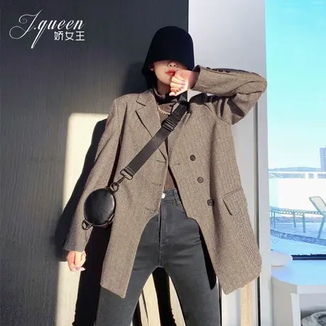 毛呢西装外套女春秋季复古人字纹法式气质绑带收腰洋气呢子西服商品大图