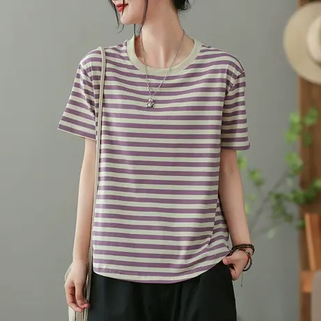 dza条纹纯棉短袖T恤女2023夏季薄款圆领打底体恤宽松显瘦套头上衣商品大图