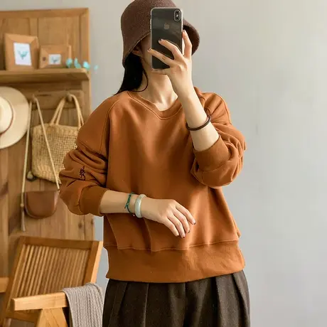 dza 复古纯色圆领加绒卫衣女士秋冬内搭宽松长袖外套休闲运动上衣商品大图