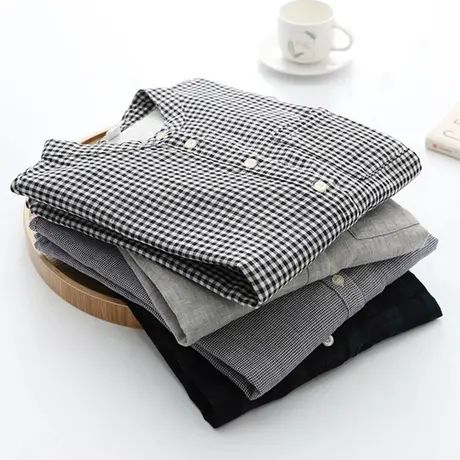 春季文艺小清新百搭双层纱纯棉格子长袖衬衫女学院风宽松立领上衣商品大图