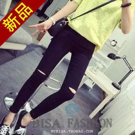 破洞女裤外穿韩版黑色铅笔紧身小脚加绒打底裤2024新款秋冬季春秋图片