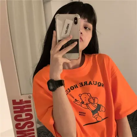 oversiez宽松卡通趣味纯棉短袖学生T恤女2023夏季新款原宿风上衣图片