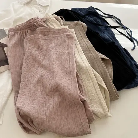 褶皱阔腿休闲长裤女2023夏季宽松显瘦韩版百搭冰丝垂感直筒拖地裤图片