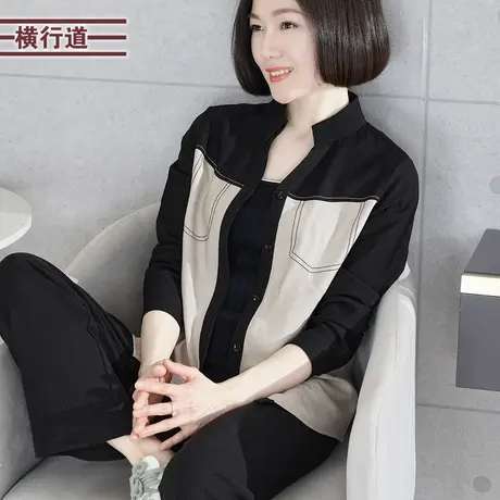 翻领拼色长袖衬衣2024新款纯色外穿纯色衬衫宽松简约小外套大码女商品大图