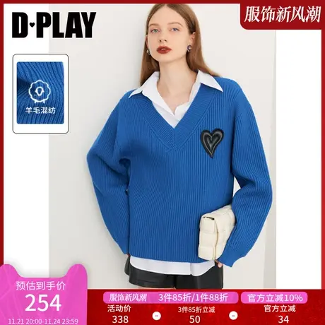 DPLAY秋装新款宽松短款V领克莱因蓝色定制皮革爱心宽松毛衣商品大图