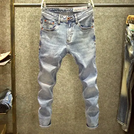 浅蓝色春季vibe高街牛仔裤男弹力修身小脚裤潮牌时尚简约休闲裤子商品大图