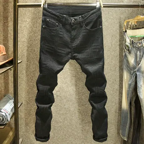 高端烫印黑色轻奢九分牛仔裤男款修身小脚裤欧货立体印花休闲裤子商品大图