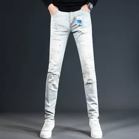 破洞牛仔裤男2023新款秋冬季浅色修身小脚美式高端男士弹力裤子男商品大图