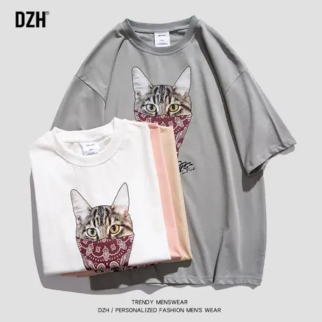 男生200g猫咪印花短袖男夏季潮牌宽松纯棉t恤ins潮流圆领半袖上衣商品大图