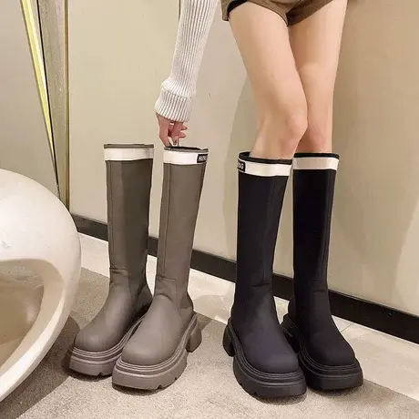 长筒靴女2023春秋季新款复古英伦风百搭瘦瘦靴粗跟厚底增高骑士靴商品大图