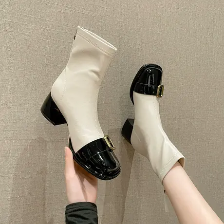 方头拼接漆皮短靴女2022年秋冬季新款气质百搭瘦瘦靴法式短筒单靴图片