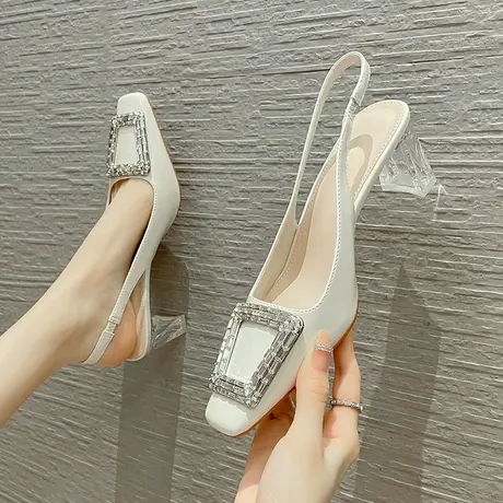 粗跟包头凉鞋女2024年夏季新款一字带水钻高跟鞋性感百搭方头单鞋图片