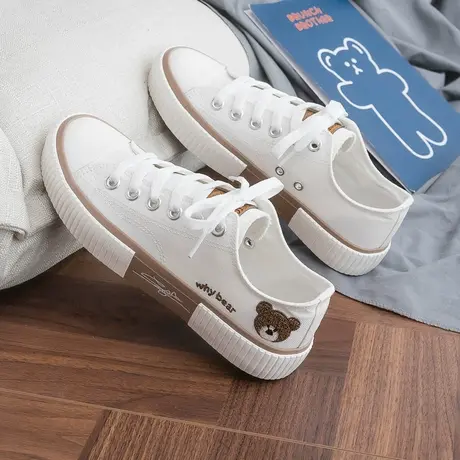 小熊刺绣2023年春季新款小白鞋女平底百搭帆布鞋系带白色学生板鞋商品大图