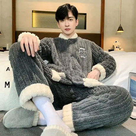 睡衣男款秋冬款2023新款珊瑚绒加绒加厚男士冬季家居服法兰绒套装图片