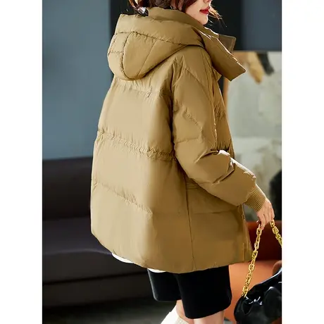 宝诗黎连帽抽绳收腰白鸭绒羽绒服女冬季纯色宽松保暖外套2023新款商品大图