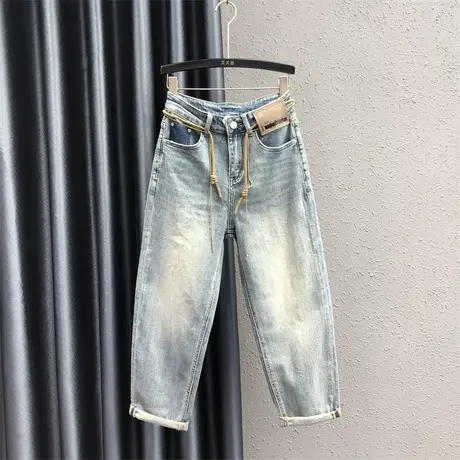欧货个性贴布牛仔老爹裤女23秋冬新款浅色磨白高腰宽松显瘦哈伦裤商品大图