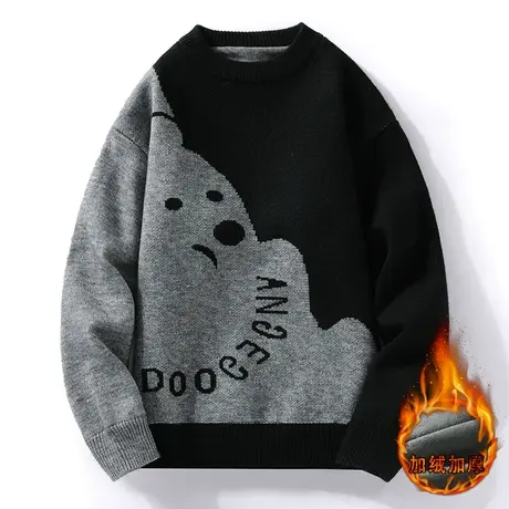 加绒毛衣男秋冬季2022新款加厚潮牌宽松慵懒风针织衫圆领休闲外套商品大图