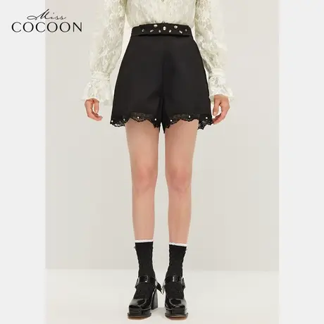 missCOCOON黑色短裤女2023新款春季高腰显瘦蕾丝镶钻时尚休闲裤子图片