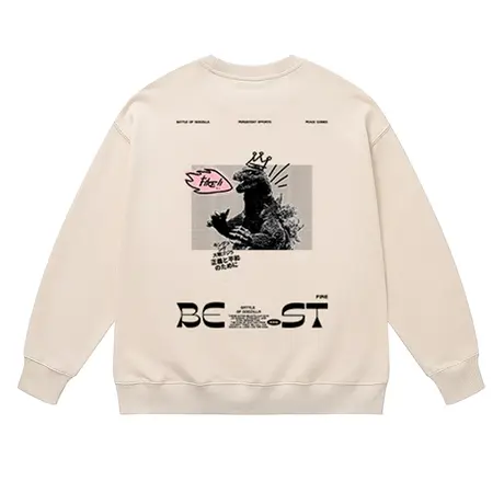 日系卡通涂鸦哥斯拉怪兽周边印花圆领卫衣秋冬男加绒宽松百搭上衣图片