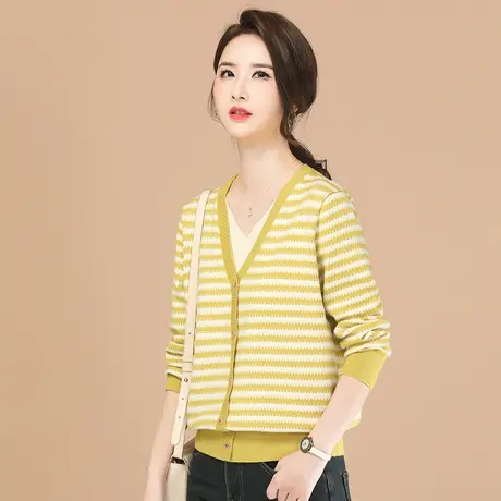 韩潮袭人假两件V领条纹针织衫女2024春新款长袖打底毛衣内搭薄图片