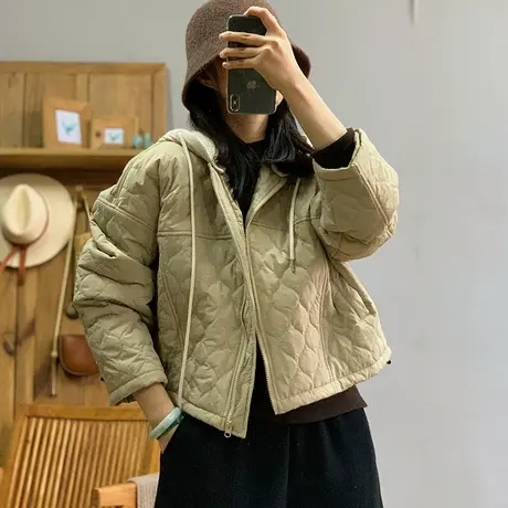 dza 复古短款菱格拼接连帽棉衣外套女秋冬新款宽松外穿上衣棉服女商品大图