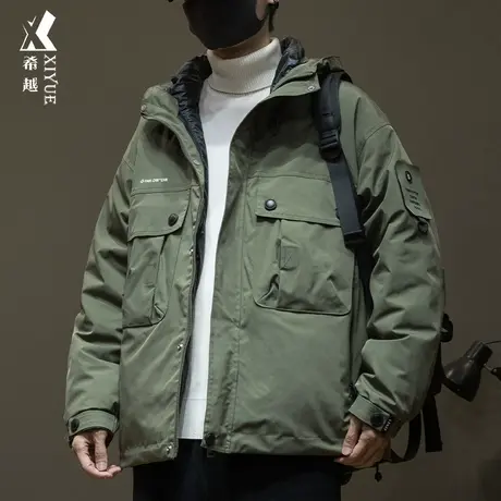 希越中长款冲锋衣鸭绒外套男冬季宽松大码男士户外三合一羽绒服潮图片