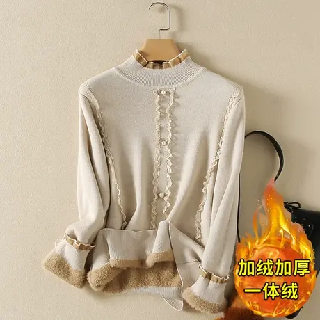 一体绒半高领毛衣女2023年秋冬新款加绒加厚宽松内搭针织打底衫女商品大图
