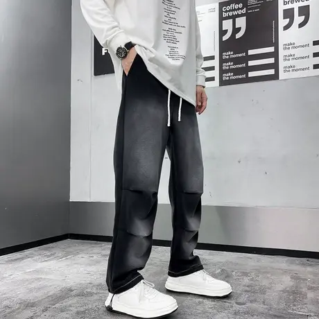 重磅美式直筒长裤潮男春秋季痞帅机车复古渐变水洗休闲裤抽绳卫裤商品大图