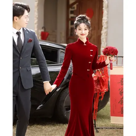 改良鱼尾旗袍敬酒服2023新款新娘秋冬季长袖加厚丝绒修身订婚礼服商品大图