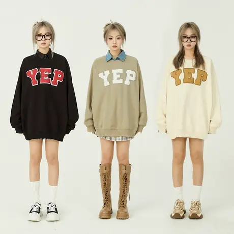 yep插肩袖卫衣女春秋圆领无帽上衣国潮宽松oversize美式复古图片