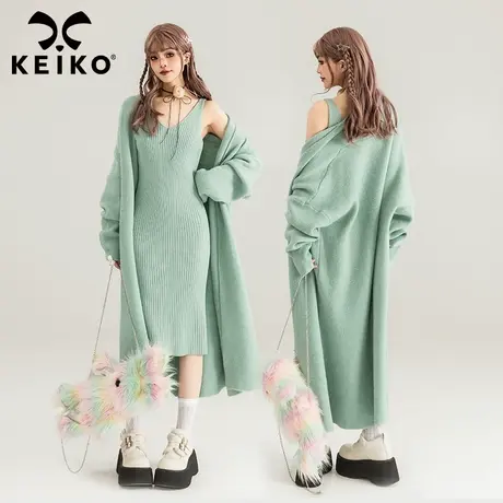 早春韩系慵懒风穿搭气质湖蓝长款针织开衫外套+坑条吊带裙两件套商品大图