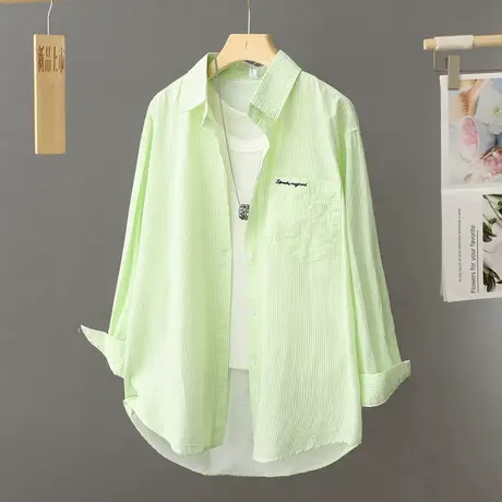 绿色条纹衬衫女叠穿2024早春新款打底衬衣高级感漂亮别致小衫上衣图片
