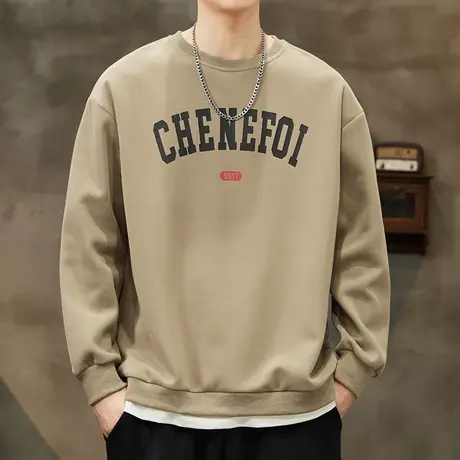 春秋款男生美式重磅字母印花圆领卫衣春季假两件套头长袖上衣男装商品大图