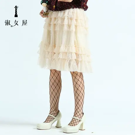 淑女屋女装冬季新品复古卡其提点雪纱中长裙松糕裙半身裙短裙图片