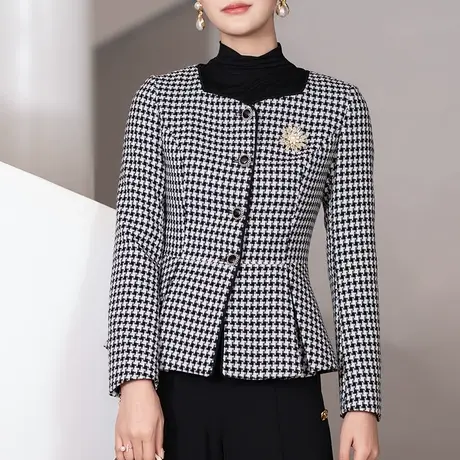 黑白千鸟格短外套女士春秋款2024新款时尚洋气气质单排扣短款上衣商品大图